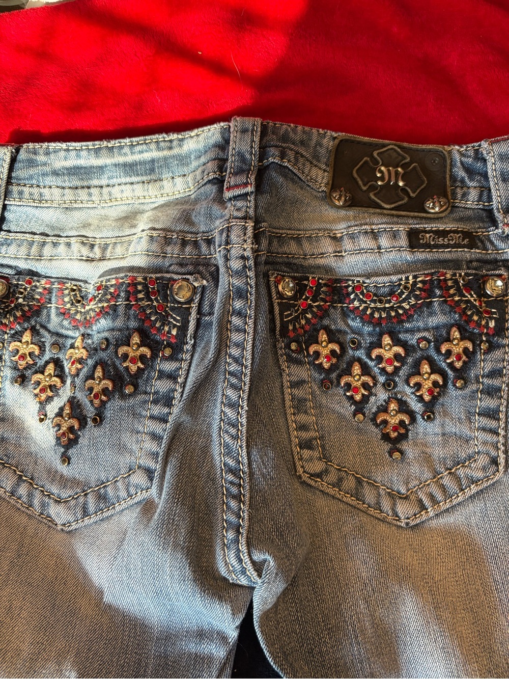 Miss Me Light Blue Denim Jeans with Fleur-de-Lis Embellished Pockets